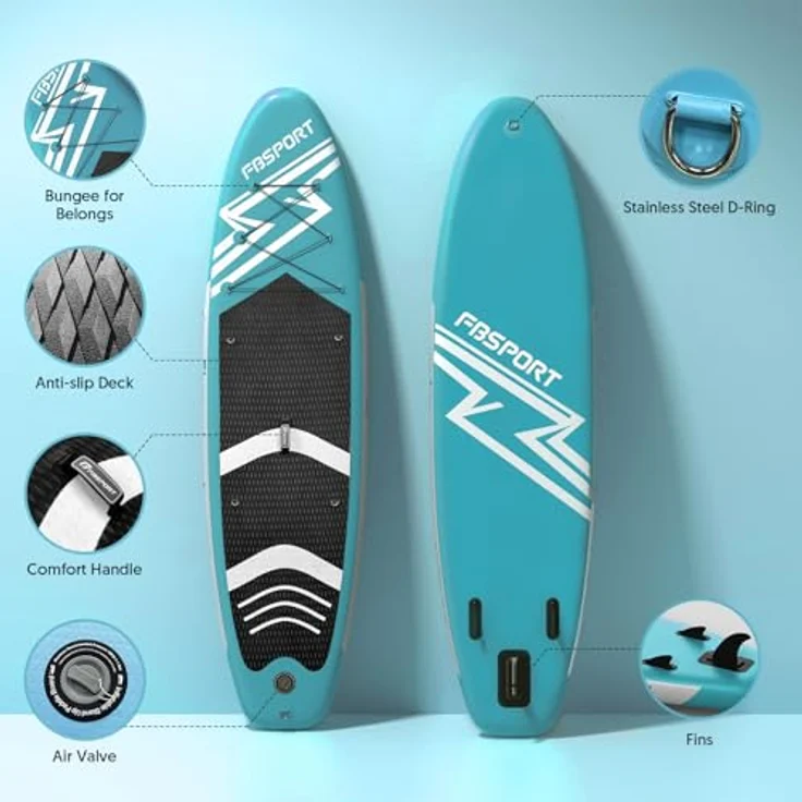 FBSPORT Aufblasbares SUP Board, Stand Up Paddling Board 15CM Dick, mit verstellbarem Aluminium SUP Paddel und Pumpe, Lakeblue – Bild 3