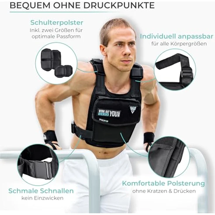 Pullup & Dip Gewichtsweste, Verstellbar von 1 bis 15 kg für Calisthenics, Crossfit und HIIT, Schwarz – Bild 3
