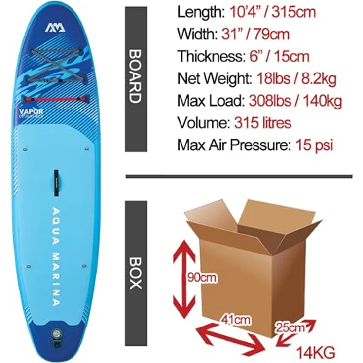 Aqua Marina Vapor Aufblasbares Stand-Up-Paddleboard-Paket, 3 m, mit stabiler Konturenform und komfortablem Sandwellen-EVA-Fußpolster, rotem Spanngurt und weichem Neopren-Tragegriff – Bild 4