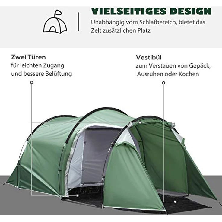 Outsunny Campingzelt für 2-3 Personen stabil wasserdicht Familienzelt mit Seitentür Fenster Packtasche, Dunkelgrün – Bild 4
