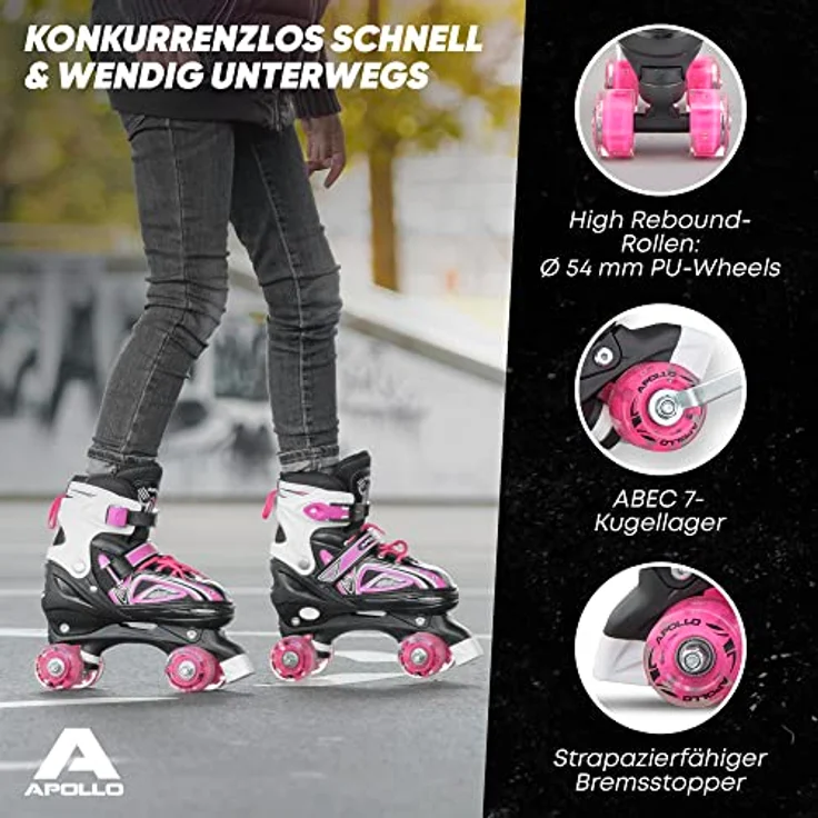 Apollo Rollschuhe LED Rollschuhe größenverstellbar Super Quads X-Pro, größenverstellbare Roller Skates für Mädchen und Jungen - Größen 31-42, blau mit 2 LED Reifen, ABEC 7 Kugellager – Bild 5
