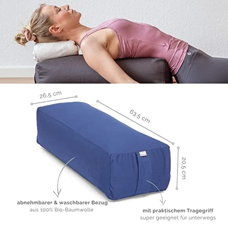 Bodhi Yoga Salamba Bolster Eco | Waschbarer Bezug aus 100% Bio-Baumwolle | Yogarolle eckig mit Bio Dinkelfüllung | Yogakissen groß für Restoratives Yoga | Maße: 63,5 x 26,5 x 20,5 cm (dunkelblau) – Bild 3