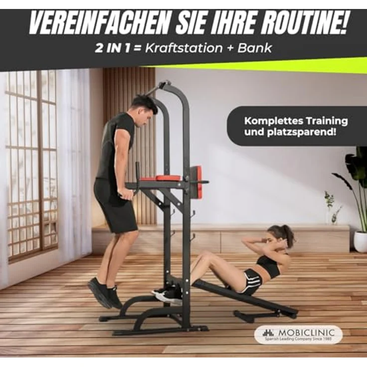 Mobiclinic® Fitness, Krafttrainingsstation, 9 in 1, klappbar, Domifit, verstellbar in 8 Höhen, Klimmzugstange, Liegebank, Langhantelablage, Multifunktion, rutschfest, gepolstert, Stahlgrau – Bild 3
