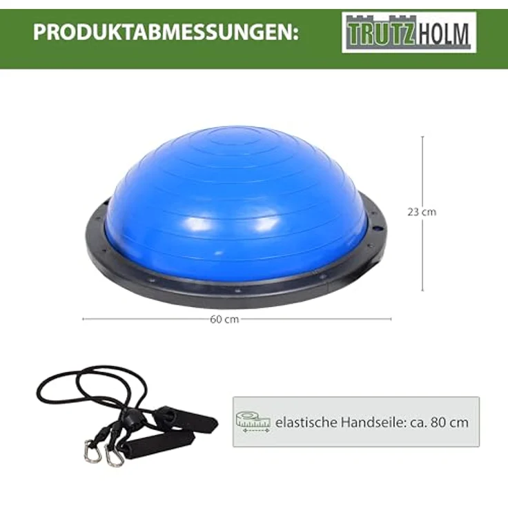 TRUTZHOLM Balancetrainer Yoga Half Ball mit Widerstandsbändern, ø 60cm, blau, max. 158kg belastbar, rutschfest und umkehrbar – Bild 2