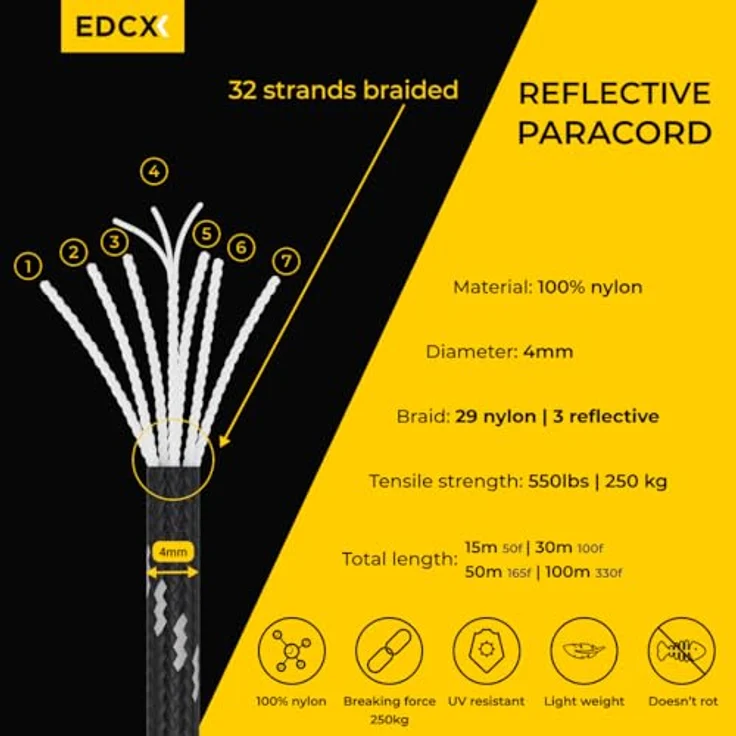 EdcX EDCX 4 mm Reflective Paracord 550 – Typ III, 100% Nylon, 7 Litzen Seil, 15/30/50 m, in verschiedenen Farben – Bild 3