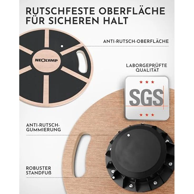 NEOLYMP Balanceboard Holz mit Griffen, 360° Rutschfestes Gleichgewichtsboard aus Echtholz mit Anti-Rutsch-Beschichtung – Bild 2