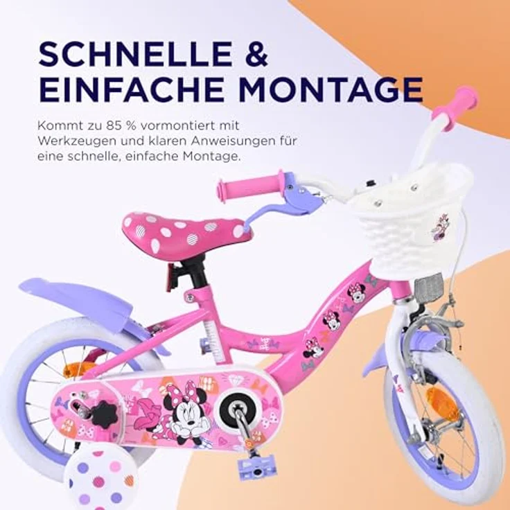 Volare Kinderfahrrad Minnie, 12 Zoll, rosa, mit Handbremse, Rücktrittbremse und abnehmbaren Stützrädern, für Mädchen – Bild 7