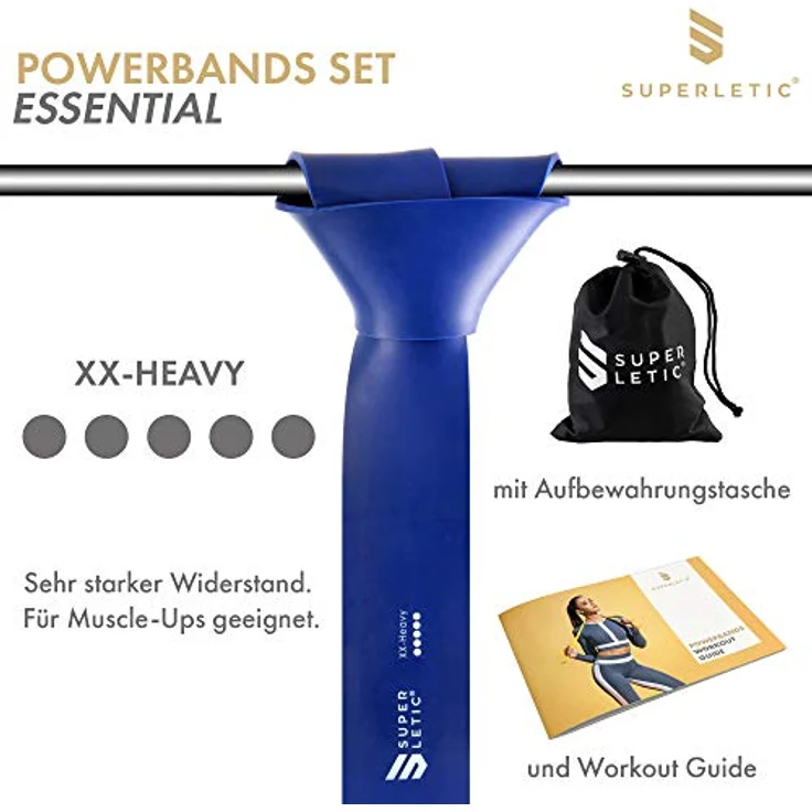 SUPERLETIC Powerband Widerstands-Fitness-Bänder, 5 Stärken für Workout, Yoga, Pilates & Crossfit, Klimmzughilfe, blau, mit kostenloser Trainingsanleitung – Bild 3