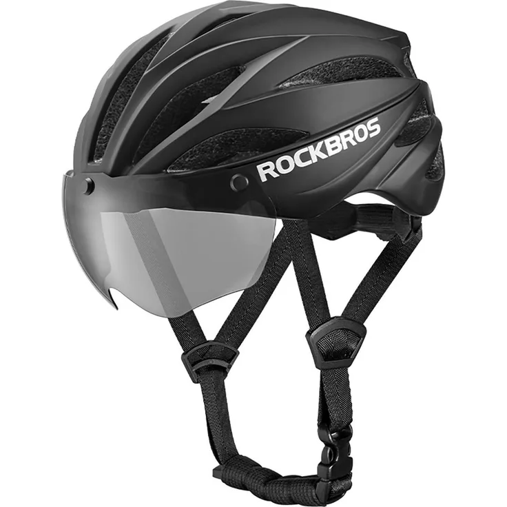 Rockbros Velohelm mit Visier, abnehmbaren UV-Schutzbrillen und antibakterieller Innenausstattung, 58 - 62 cm, schwarz