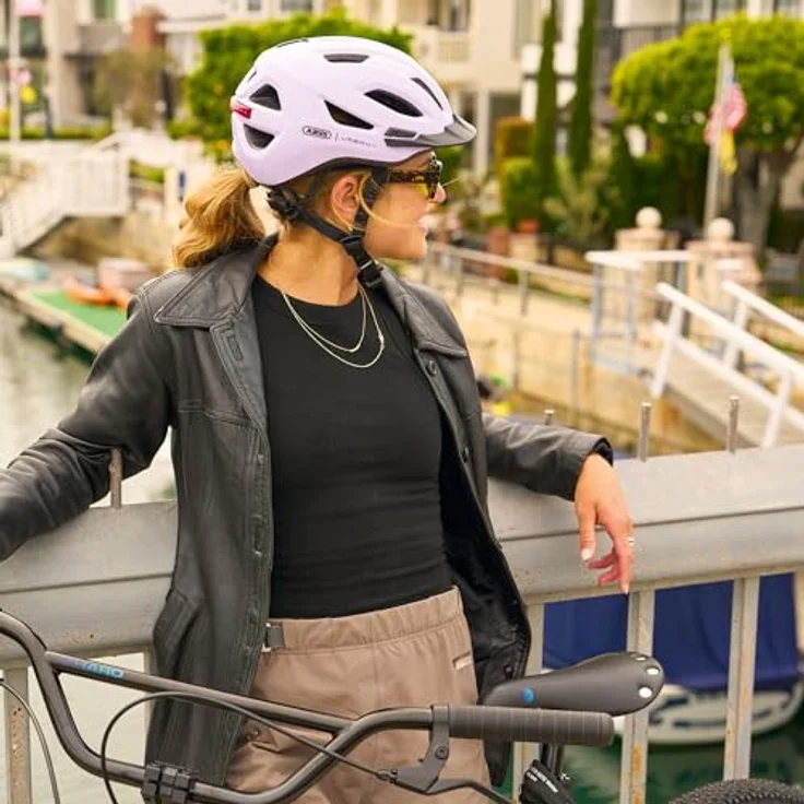 ABUS Stadthelm Urban-I 4.0, Fahrradhelm mit aufladbarem Rücklicht, 2 Leuchtmodi, Schirm, Zopf-Öffnung, magnetischem Verschluss, Größe S, lila – Bild 9