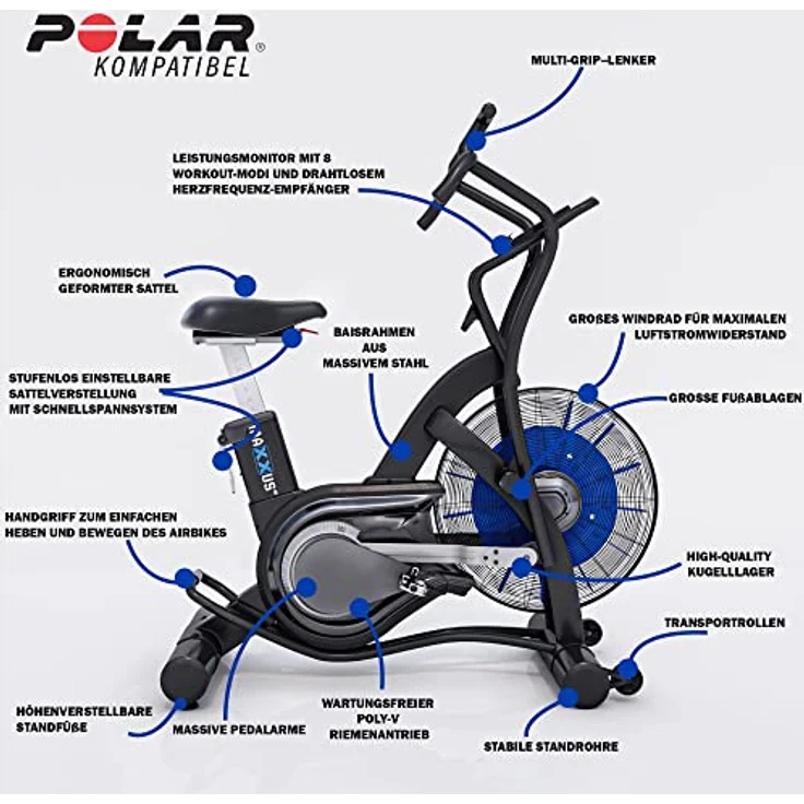 MAXXUS Air Bike 90 Pro - Luftwiderstand, Sitz & Griff verstellbar, 160 kg, LCD Display - Ergometer für Zuhause in Schwarz – Bild 4
