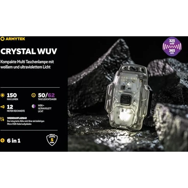 Armytek Crystal WUV, Kompakte Multifunktionslampe 6 in 1 mit 150 Lumen weißem Licht und 325 mW UV-Licht, bis 50 Tage Leuchtdauer – Bild 2