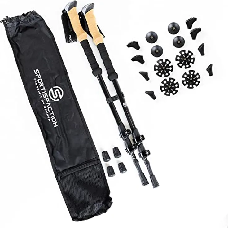 Sportisfaction Carbon Wanderstöcke, Teleskopverstellung 63-140 cm, Korkgriff, ultraleicht 260g, inkl. 5 austauschbare Aufsätze