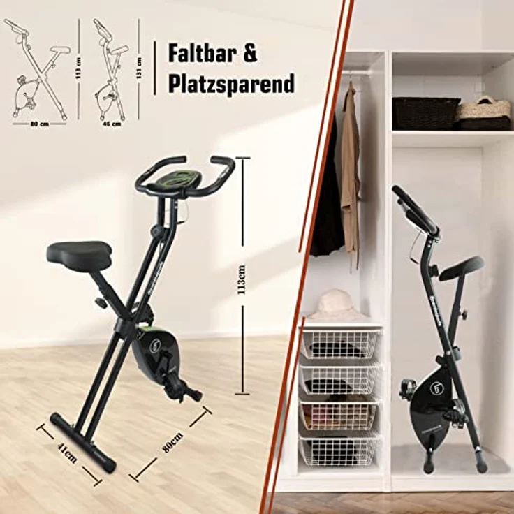 Fjoerdesports faltbarer Fahrradtrainer, Heimtrainer, Fitnessfahrrad LCD Trainingscomputer, klappbarer Hometrainer, inklusive Pulsmessung, maximales Benutzergerwicht 110 kg, 8 Widerstandsstufen (Grün) – Bild 3
