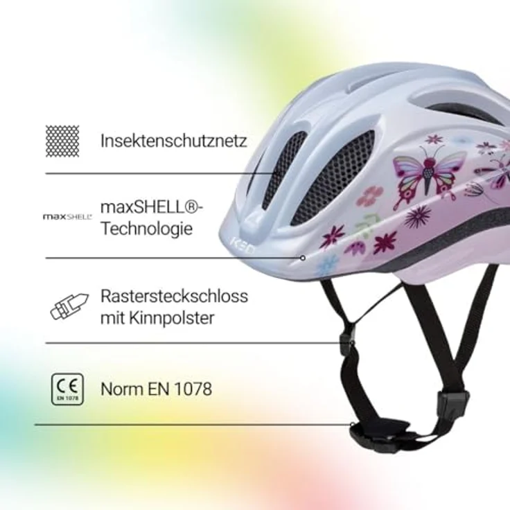 KED Meggy II Trend, Kinder Fahrradhelm mit Insektenschutznetz, integriertem LED-Rücklicht, maxSHELL Technologie, Butterfly, Größe 44-49 (XS) – Bild 2