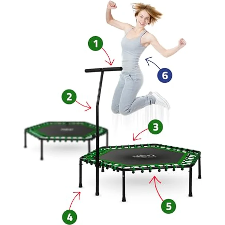 Neo-Sport Fitness Trampolin Mini Jumping Trampolin mit höhenverstellbarem Haltegriff, Durchmesser 127 cm, bis 100 kg, für Indoor und Outdoor, grün – Bild 5