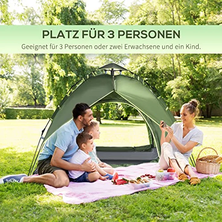 Outsunny Doppelzelt Campingzelt Familienzelt Quick-Up-Zelt 4 Jahreszeiten wasserdicht Dunkelgrün 210 x 210 x 140 cm – Bild 3