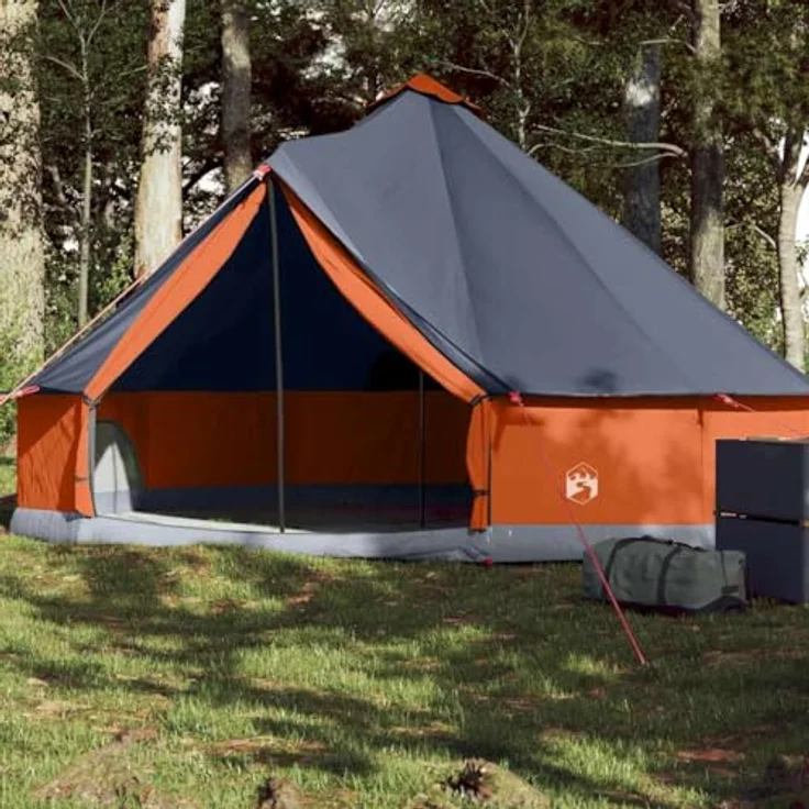 vidaXL Tipi Familienzelt 6 Personen, wasserdichtes Campingzelt mit Netzwänden und E-Anschluss, grau orange, 185T Polyester – Bild 2