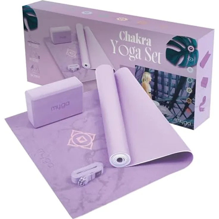 Myga Yoga Starter Kit, Komplettes Set mit rutschfester Yogamatte, Yogablock & Gurt, fliederfarbenes Chakra Design, ideal für Anfänger & unterwegs