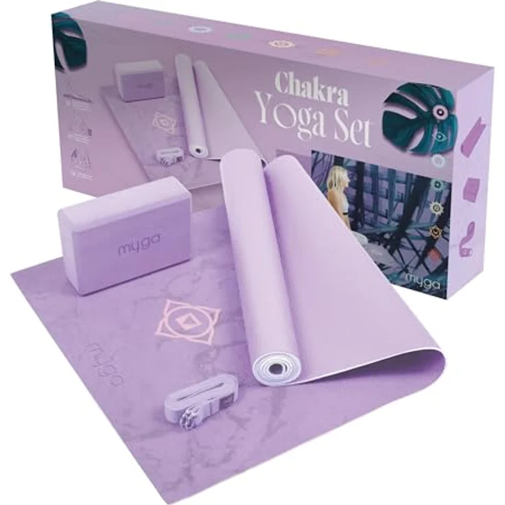 Myga Yoga Starter Kit, Komplettes Set mit rutschfester Yogamatte, Yogablock & Gurt, fliederfarbenes Chakra Design, ideal für Anfänger & unterwegs – Bild 1