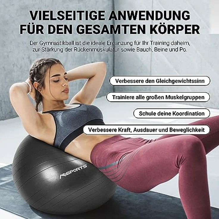 MSPORTS Gymnastikball Premium Anti Burst inkl. Pumpe 55 cm - 105 cm Sitzball - Fitnessball inkl. Übungsposter Medizinball (65 cm, Anthrazit) – Bild 5