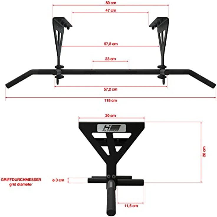 HOLD STRONG Fitness Klimmzugstange für Deckenmontage, HS-K-D6, Schwarz, Studiozulassung, 6 rutschfeste Griffe, Pull Up Übungen & mehr, inkl. E-Book & Montagematerial u.a. FISCHER DuoPower Dübel, extrem stabil - Preisvergleich – Bild 2