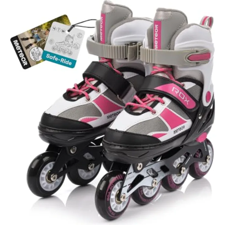 Meteor ROX Inlineskates Kinder, Rollschuhe in M 34-37, rosa/grau, mit Aluminiumrahmen, ABEC-7-Lager und höhenverstellbarer Schale