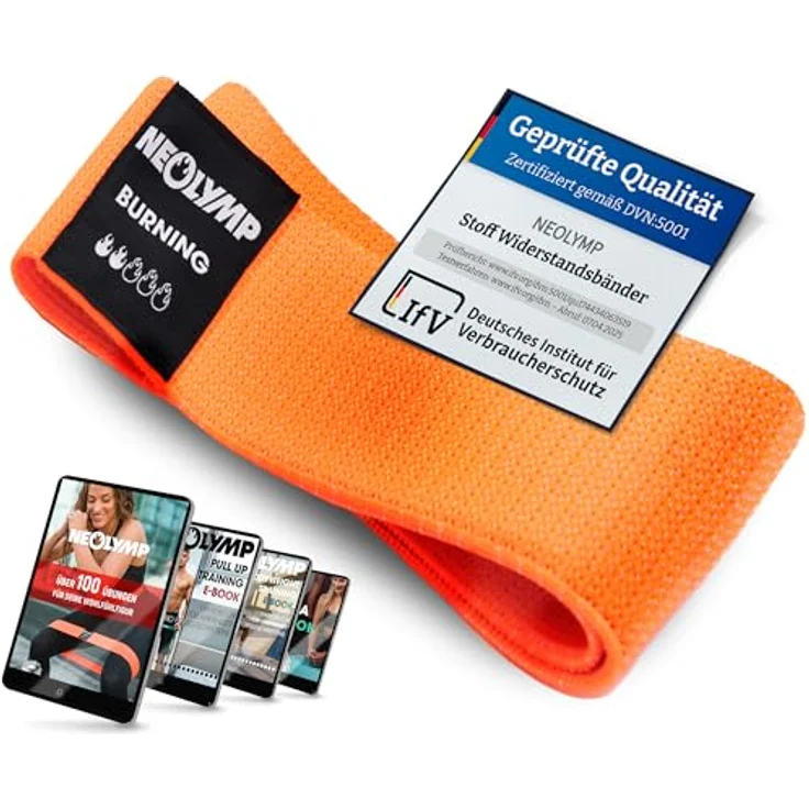 NEOLYMP Kurze Fitnessbänder Stoff, waschbare Resistance Bands mit Trainingsprogramm E-Book, Widerstand 5-7,5 kg, für Anfänger, orange – Bild 1