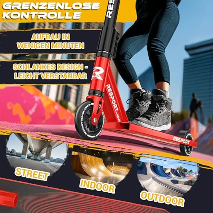 RE:SPORT® Stunt Scooter REVO, Profi Stuntroller für Kinder & Erwachsene mit Ständer, 100mm Polyurethan Wheels, Y-Bar, ABEC 9 Kugellager – Bild 4