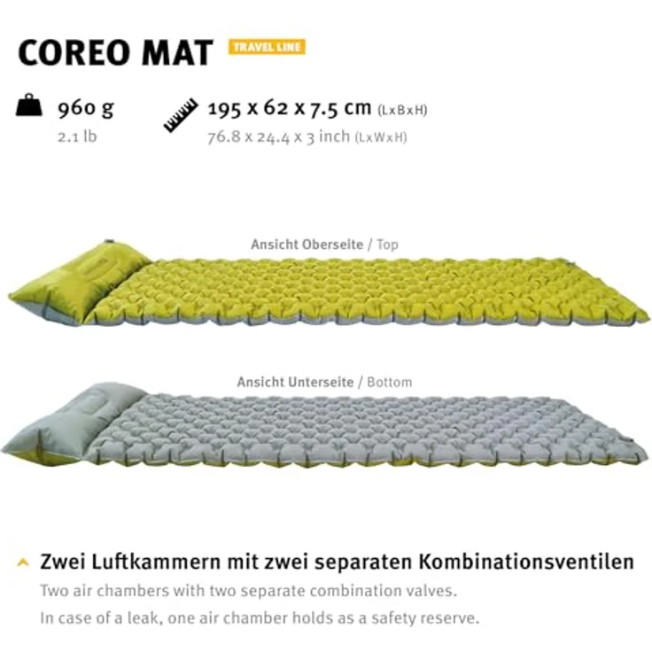 Wechsel Coreo Isomatte, mit zwei unabhängigen Kammernsystemen und integriertem Kissen, R-Wert 4.3, leichtes Nylonmaterial – Bild 3