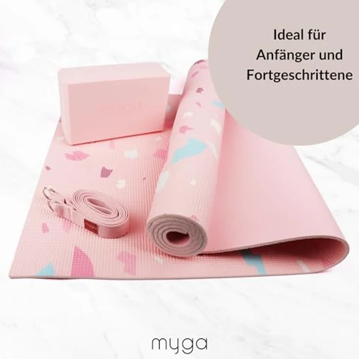 Myga Yoga Starter Kit, Komplettes Set mit rutschfester Yogamatte (6 mm), Yogablock & Gurt, Rosa Terrazo Design, Ideal für Anfänger & Reisen – Bild 3