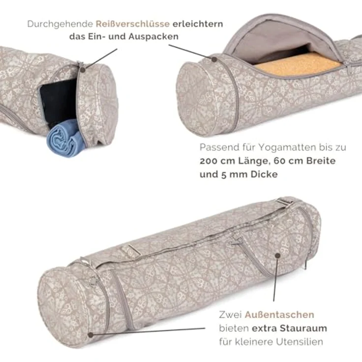 Bodhi Yogatasche ASANA Bag Cotton | Maharaja Collection | 100% Baumwolle | Yogamattentasche in verschiedenen Größen | inkl. Außentaschen | 70 cm | Raja/Taupe, Silber – Bild 3