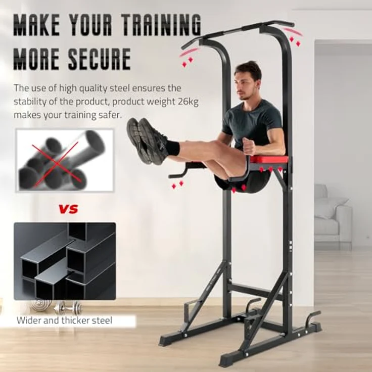 ISE Klimmzugstange Freistehend Kraftturm Multifunktional, Power Tower Dip Station Kraftstation für zuhause Klimmzugstation mit Liegestützgriffe für pull up und dip, Max.120 KG – Bild 3