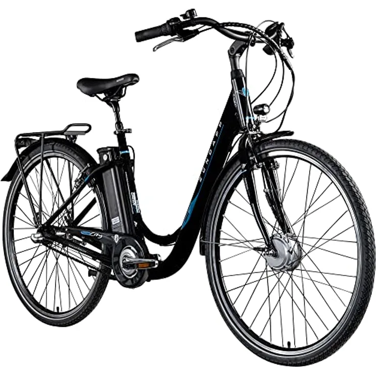 ZÜNDAPP Green 2.7 28 Zoll E Bike Damen Elektrofahrrad mit Rücktrittbremse, 3 Gang Schaltung, 374 Wh Akku (schwarz/blau)
