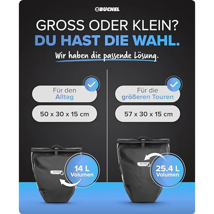 Büchel 14L Fahrradtaschen Gepäckträger 2er-Set, 100% wasserdicht mit Reflektoren, Schultergurt & Tragegriff, schwarz – Bild 4