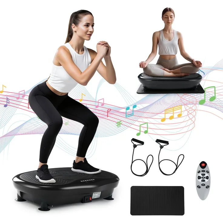 Kehot Vibrationsplatte Schwarz, 120 Stufen, 200W, 8-10mm Amplitude, 120kg Tragkraft, 4 Modi, Bluetooth Musik, inkl. Yogamatte und 2 Widerstandsbänder, LCD