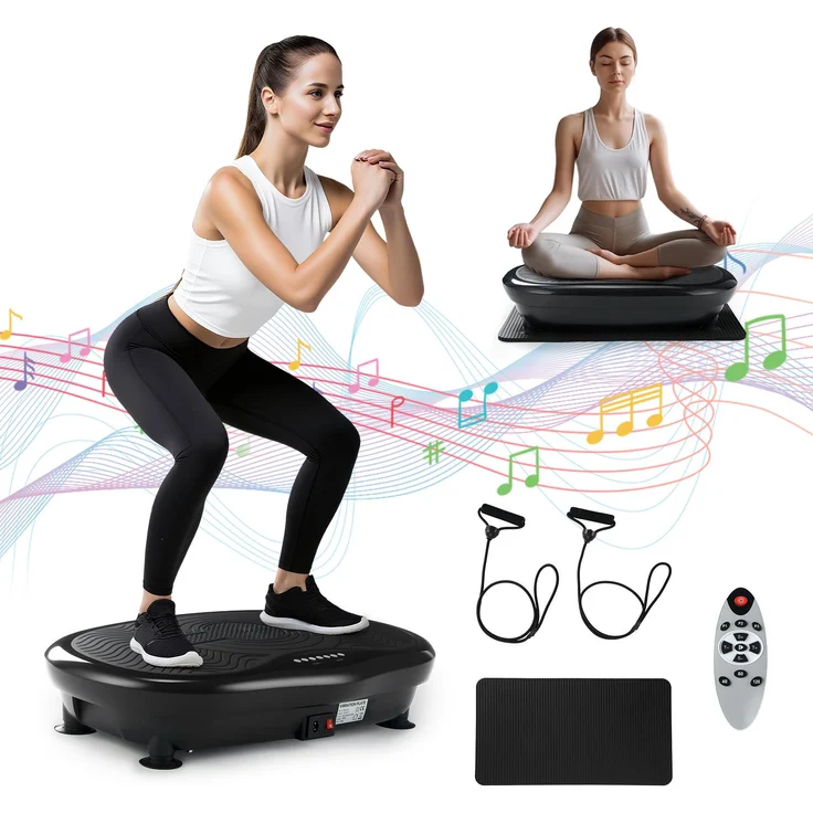 Kehot Vibrationsplatte Schwarz, 120 Stufen, 200W, 8-10mm Amplitude, 120kg Tragkraft, 4 Modi, Bluetooth Musik, inkl. Yogamatte und 2 Widerstandsbänder, LCD