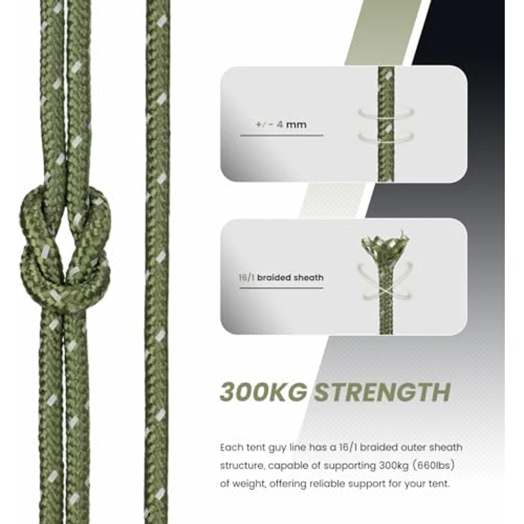 Abma Cord Abspannseile Zeltschnur, 30m Zeltseil mit 6 Seilspanner, 4mm Durchmesser, reflektierende Armee Grün, 300 kg Bruchlast, UV-beständig für Camping und Outdoor – Bild 2