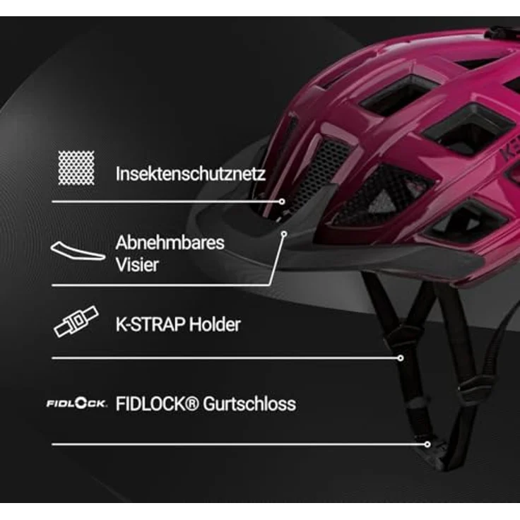 KED Crom Fahrradhelm, Mountainbike- und Trekkinghelm mit LED Rücklicht, FIDLOCK Verschluss und Insektenschutznetz, Pink Black Glossy, Größe 57-62 (L) – Bild 2