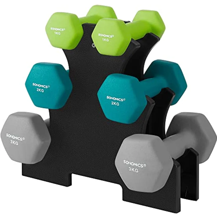 SONGMICS Kurzhantel Set, Hexagon, mit Hantelständer, 2 x 1 kg, 2 x 2 kg, 2 x 3 kg, mattes Finish, Neopren-Beschichtung, Krafttraining, zu Hause, limettengrün, aquamarin und hellgrau SYL612GN – Bild 1