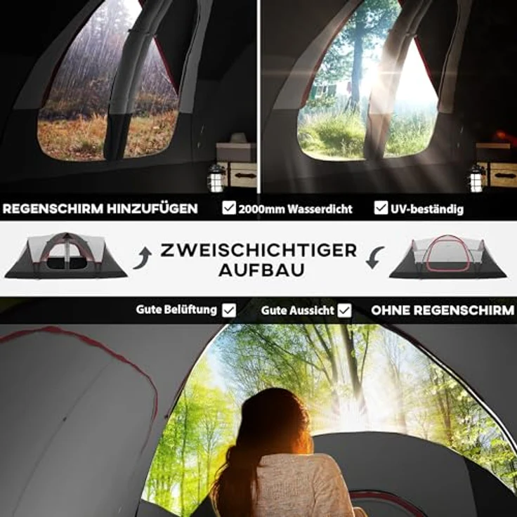 Outsunny Tunnelzelt für 6-8 Personen, mit 2 Räumen, 2000mm Wassersäule, Lichthaken und Meshfenstern, winddicht, grau – Bild 3