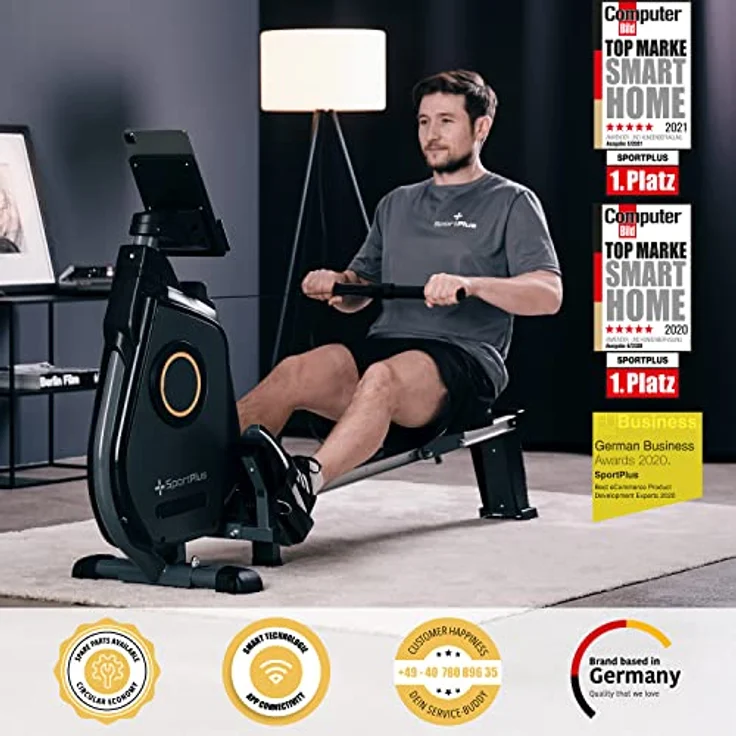 SportPlus Rudergerät für zuhause, Rudergerät klappbar mit App-Steuerung und 24-Stufen-Magnetbremse mit 8kg Schwungmasse, Maße: ca. 180x48x96,5cm (LxBxH); Klappmaße: 79x48x134cm (LxBxH) – Bild 2