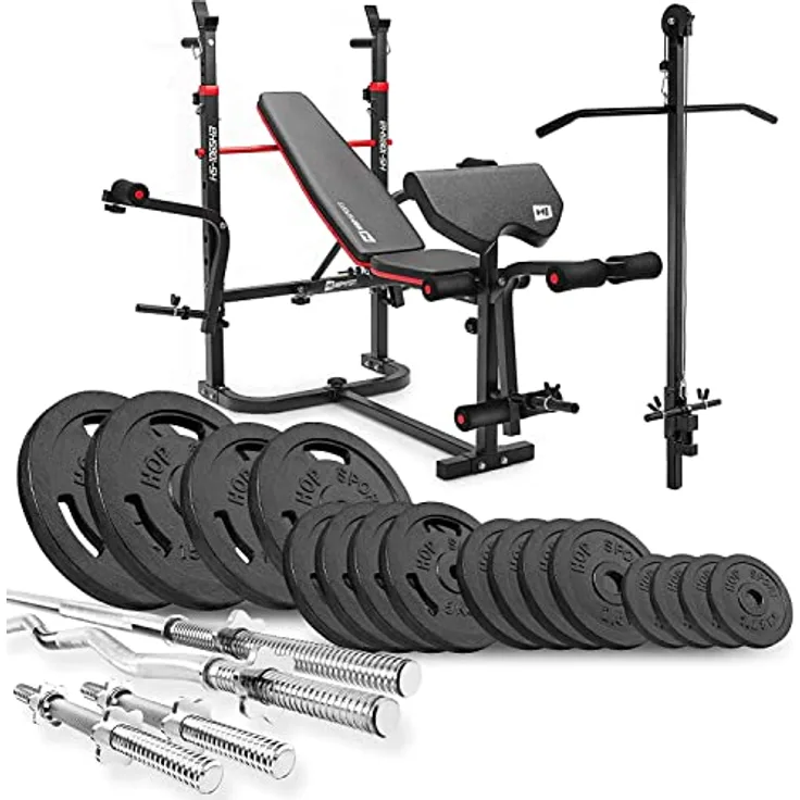 HS HOP-SPORT Hantelbank Kraftstation 1065 mit Lang-, Curl- & Kurzhantel Gusseisen Gewichten 106kg, verstellbare Hantelablage und Butterfly, schwarz