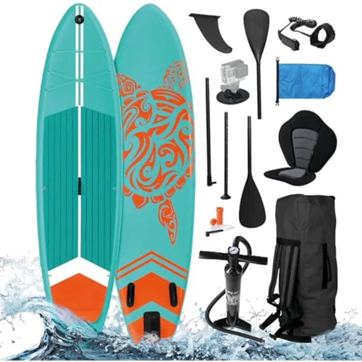 BRAST SUP Board Turtle, Aufblasbares Stand up Paddle Set, 320x81x15cm, Tragkraft bis 200 kg, inkl. Kajaksitz und Zubehör, Türkis