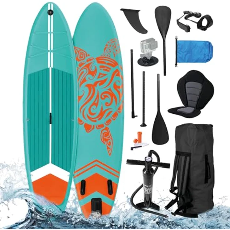 BRAST SUP Board Turtle, Aufblasbares Stand up Paddle Set, 320x81x15cm, Tragkraft bis 200 kg, inkl. Kajaksitz und Zubehör, Türkis – Bild 1