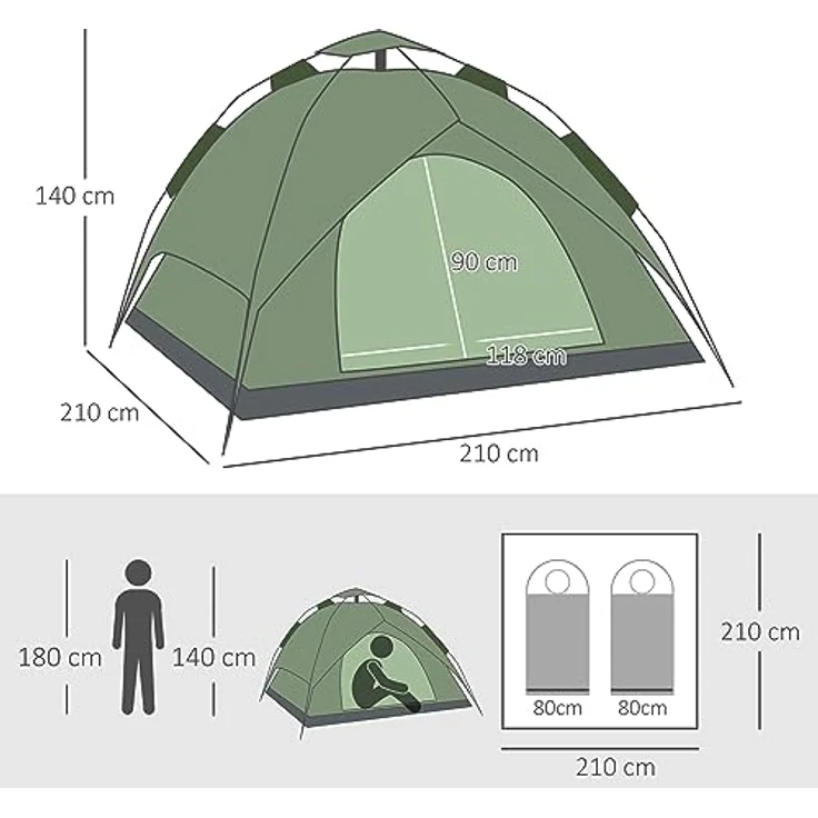 Outsunny Doppelzelt Campingzelt Familienzelt Quick-Up-Zelt 4 Jahreszeiten wasserdicht Dunkelgrün 210 x 210 x 140 cm – Bild 5