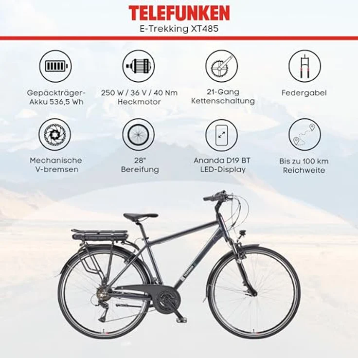 TELEFUNKEN XT485 E-Bike Herren 28 Zoll Trekking-Fahrrad, 250W Hinterradmotor, 536,5 Wh Akku, 21-Gang Kettenschaltung, V-Bremsen, LED-Beleuchtung – Bild 5