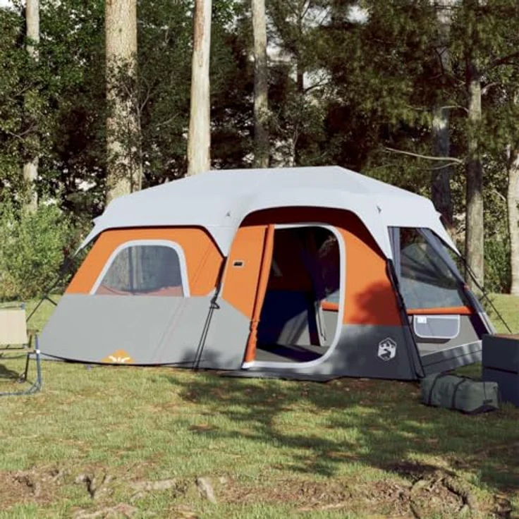 vidaXL Familienzelt, Campingzelt mit LED, Gruppenzelt für 9 Personen Quick Release, Outdoor Zelt mit Abnehmbarem Überzelt, Hellgrau Orange – Bild 2