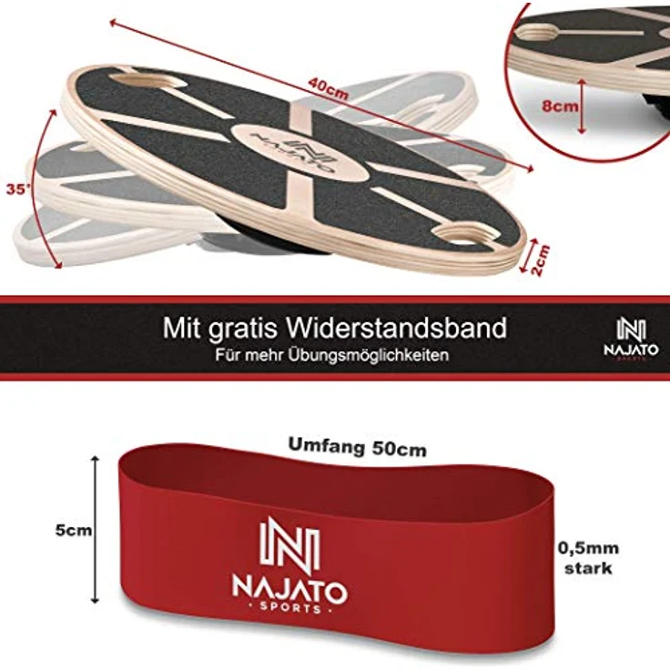 NAJATO Sports Balance Board – Wackelbrett mit rutschfestem gummiertem Standfuß – Gleichgewichtstrainer mit Handgriffen für mehr Übungsmöglichkeiten – Balance Board Holz – Bild 5