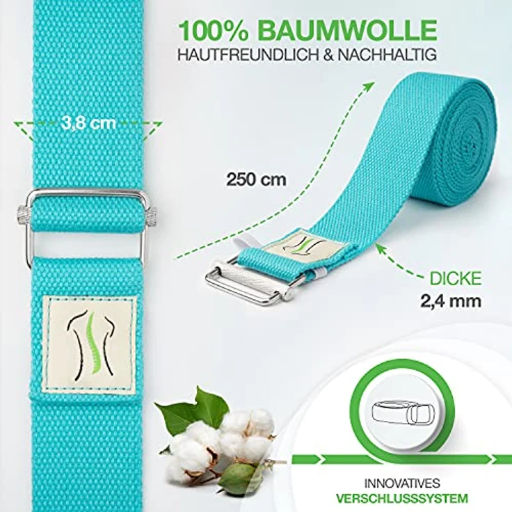 BACKLAxx® Yoga Gurt Baumwolle (petrol) – Nachhaltiges Yoga Zubehör Set, Yogagurt 250 cm lang mit praktischem Verschluss aus Metall – Yoga Set ideal für Yoga, Pilates und Dehnen inkl. Anwendungsvideos – Bild 3
